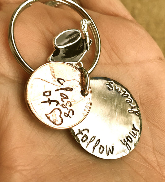 Graduation Gifts, Personalized Penny Keychain, Grad Gifts, Penny Keychains, Gradaution 2016, Follow Your Dreams, Do What You Love - Natashaaloha, jewelry, bracelets, necklace, keychains, fishing lures, gifts for men, charms, personalized,