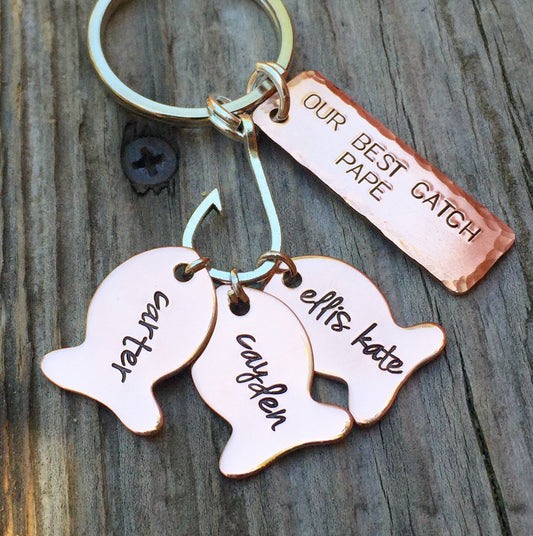 Fishing Keychain, Our Best Pape, Fishing Gifts, Personalized Fishing Keychain, Our Best Catch Dad,  natashaaloha - Natashaaloha, jewelry, bracelets, necklace, keychains, fishing lures, gifts for men, charms, personalized,