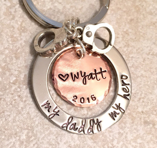 My Daddy My Hero, Daddy Keychain, Police Officer Keychain, Personalized Keychains, Academy Graduation Gift, Firefighter Gift, natashaaloha - Natashaaloha, jewelry, bracelets, necklace, keychains, fishing lures, gifts for men, charms, personalized,